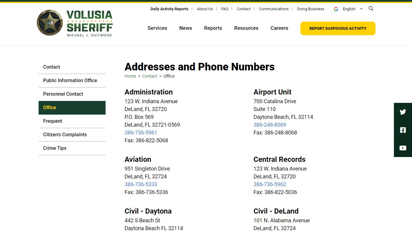 Addresses and Phone Numbers | VSO - Volusia Sheriff